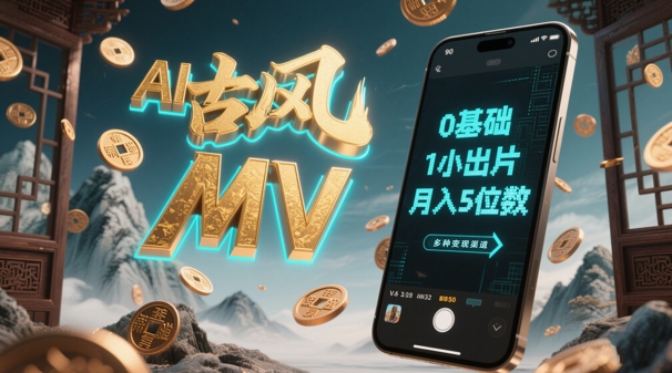 AI一键生成古风音乐MV，0剪辑基础1小时出片，多种变现渠道，一部手机月入5位数-五六七网创电商学院