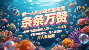 第一人称水族代言视频，条条万赞，20条作品涨粉8.5万，多种变现方式月，入五位数-五六七网创电商学院