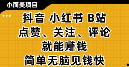 小而美的项目，抖音小红书B站视频点赞、关注、评论就能挣钱，简单无脑立见收益，妥妥的零撸项目【揭秘】-五六七网创电商学院