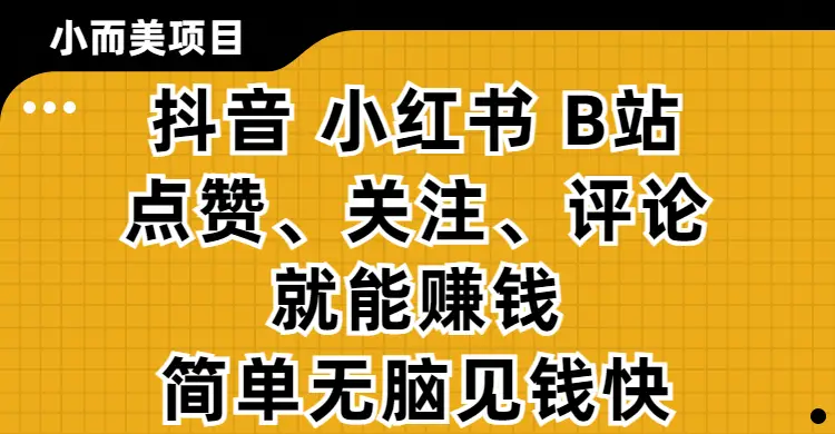 小而美的项目，抖音、小红书、B站视频点赞、关注、评论就能赚钱，简单无脑立见收益!妥妥的零撸项目-创业猫