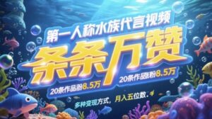 第一人称水族代言视频，条条万赞，20条作品涨粉7.8W，多种变现方式月入五位数-五六七网创电商学院