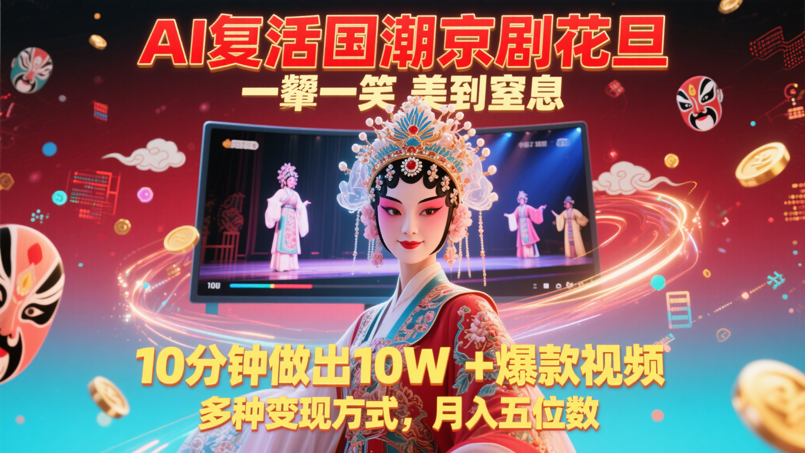 AI复活国潮京剧花旦，一颦一笑美到窒息，10分钟做出10W+爆款视频，多种变现方式-五六七网创电商学院