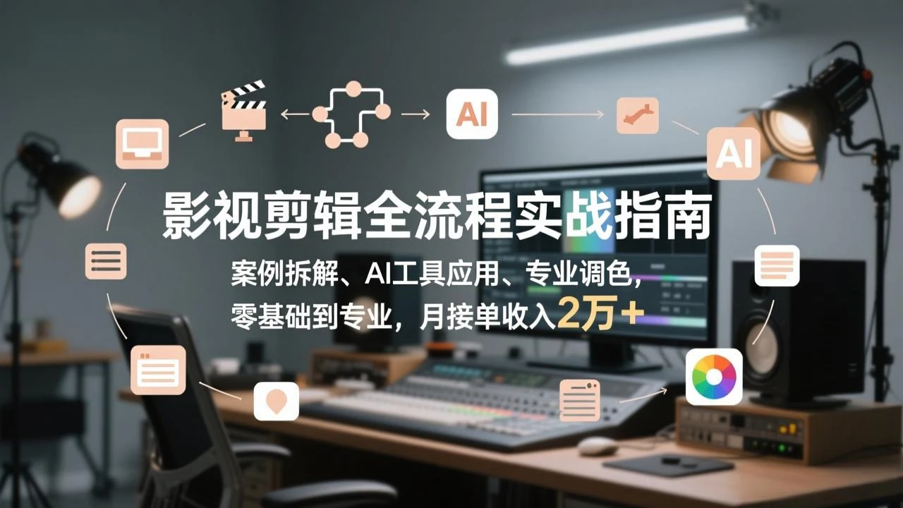 【精】影视剪辑全流程实战指南，案例拆解、AI工具应用、专业调色，零基础到专业，月接单收入2万+-五六七网创电商学院