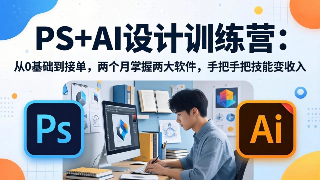 【精】PS+AI设计训练营：从0基础到接单，两个月掌握两大软件，手把手把技能变收入-五六七网创电商学院