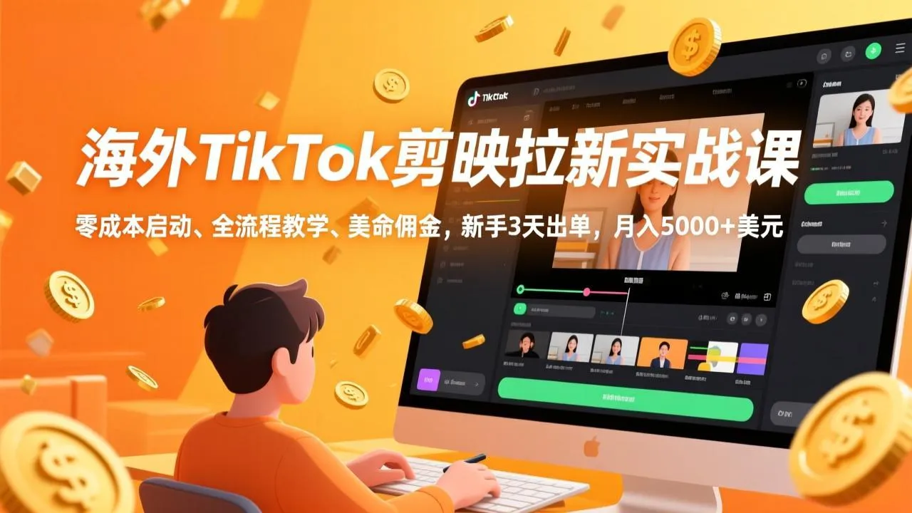 【精】海外TikTok剪映拉新实战课，零成本启动、全流程教学、美金佣金，新手3天出单，月入5000+美元-五六七网创电商学院