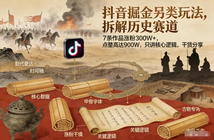 抖音掘金另类玩法，拆解历史赛道，7条作品涨粉300W+，点赞量高达900W，只讲核心逻辑，干货分享-五六七网创电商学院