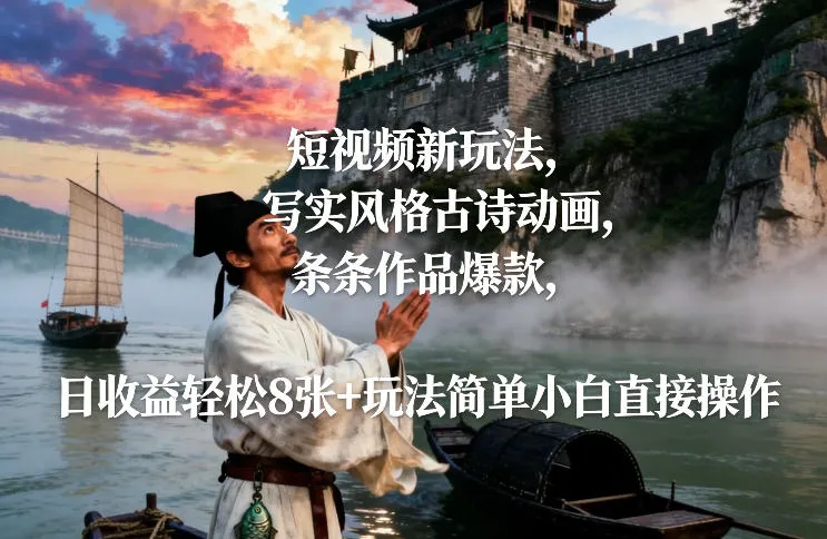 短视频新玩法，写实风格古诗动画，条条作品爆款，日收益轻松8张+玩法简单小白直接操作-五六七网创电商学院