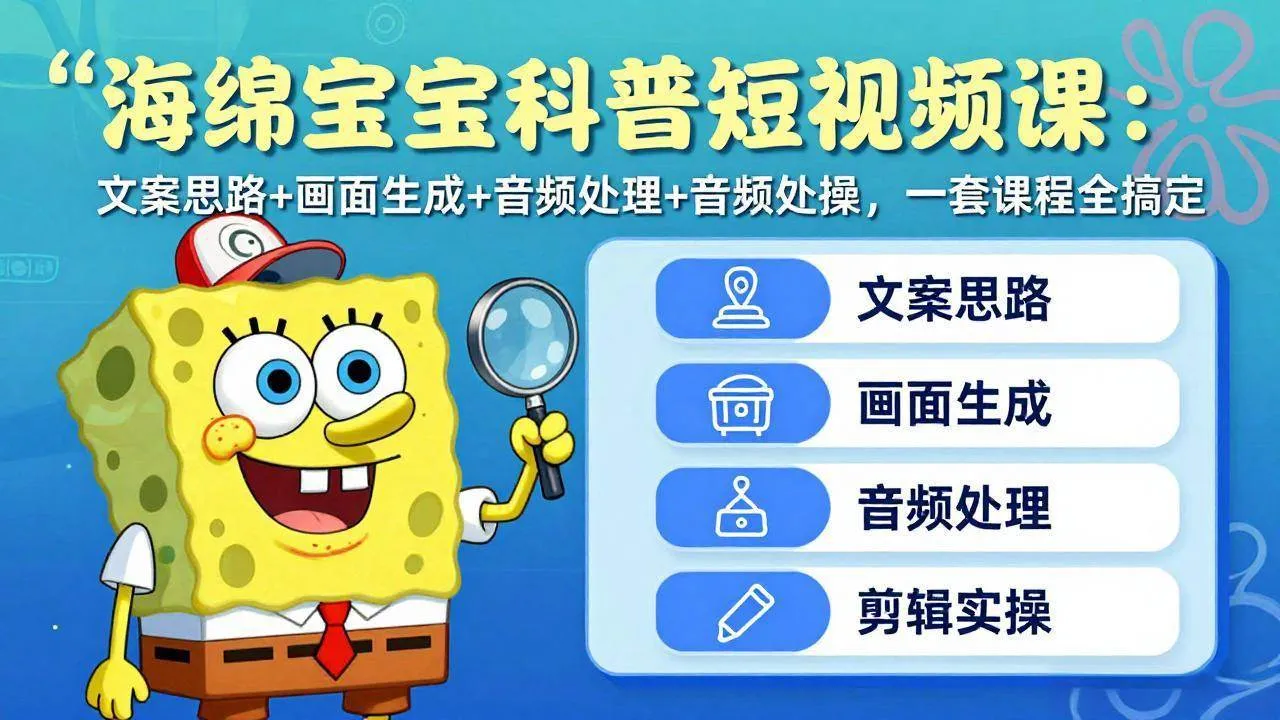 抖音27W粉丝博主的海绵宝宝科普短视频教学，内容制作简单，撸创作者伙伴计划-五六七网创电商学院