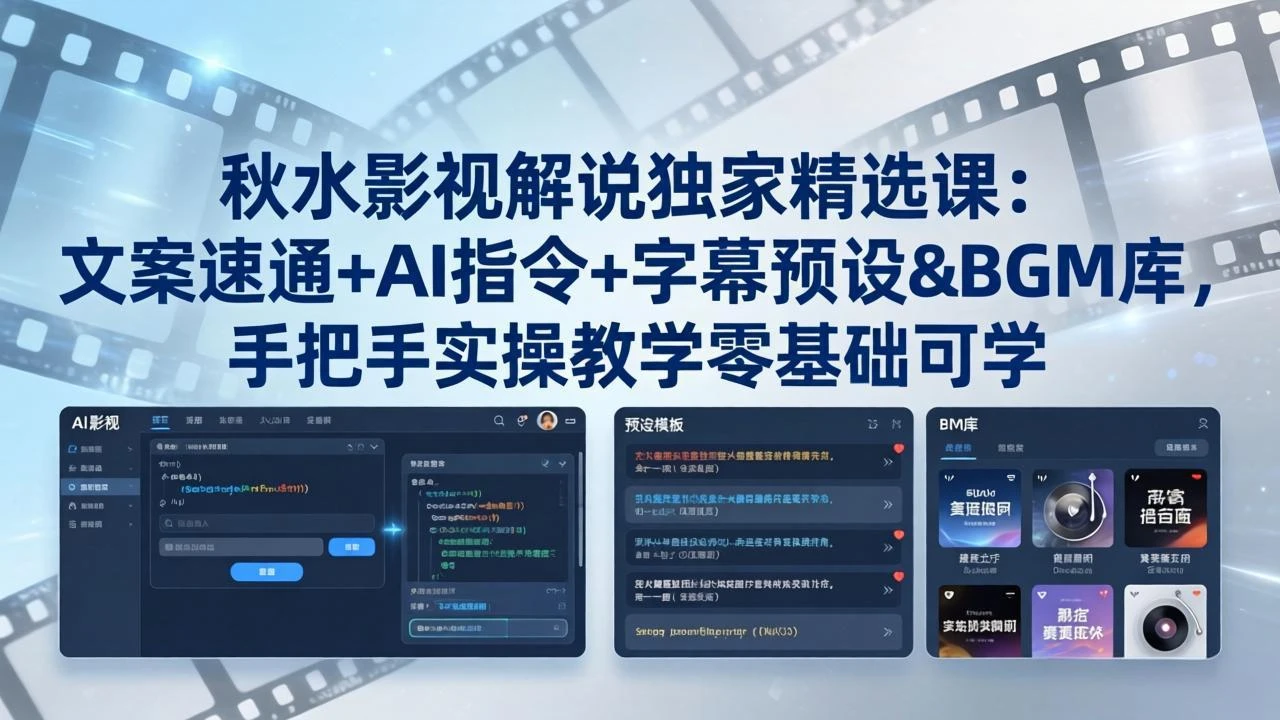 【精】秋水影视解说独家精选课：文案速通+AI指令+字幕预设+BGM库，手把手实操教学零基础可学-五六七网创电商学院