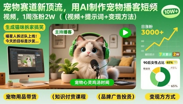 宠物赛道新顶流，用AI制作宠物播客短视频，1周涨粉2W（视频+提示词+变现方法）-五六七网创电商学院