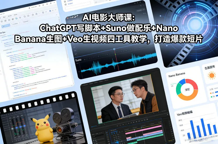 【精】AI电影大师课:ChatGPT写脚本+Suno做配乐+Nano Banana生图+Veo生视频,打造爆款短片-五六七网创电商学院
