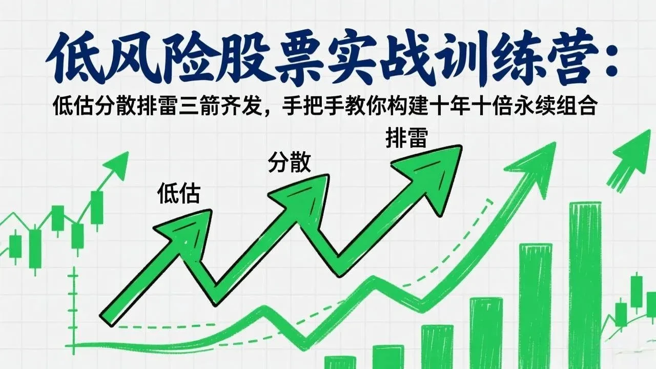 【精】低风险股票实战训练营：低估分散排雷三箭齐发，手把手教你构建十年十倍永续组合-五六七网创电商学院